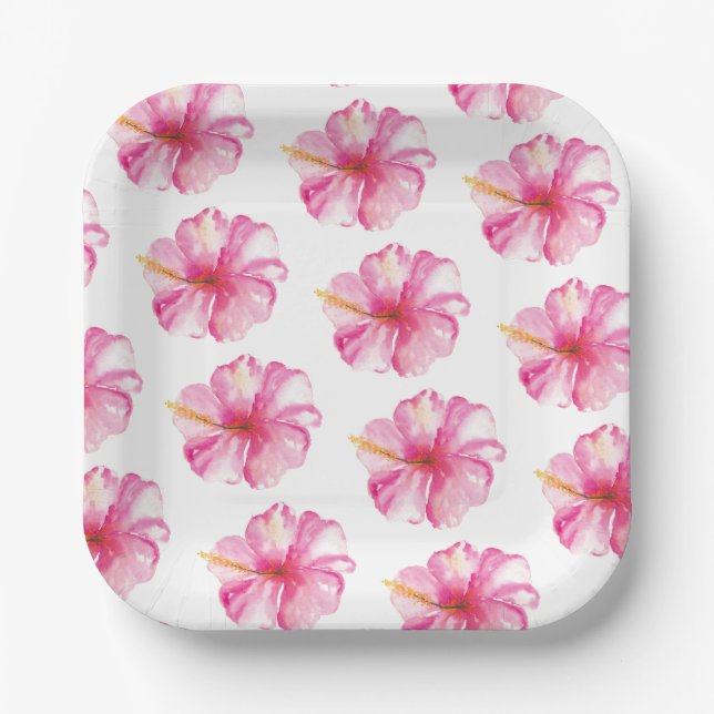 Luau Party Pink Hibiscus Flowers Paper Plates (Front)