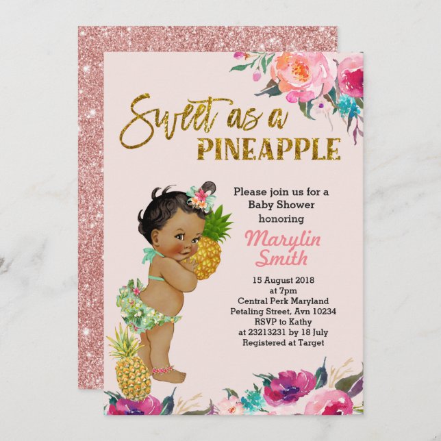 Luau party rose gold pineapples baby shower card (Front/Back)