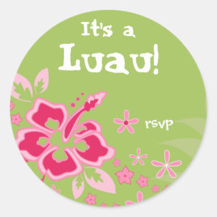 Luau Party RSVP Stickers Hibiscus Pink Green