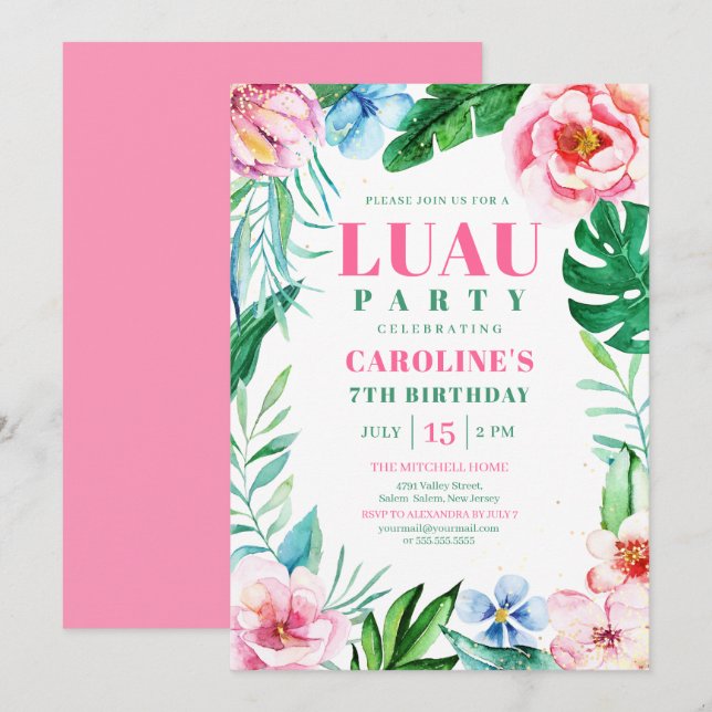 Luau Party Tropical Pink Floral Hawaiian Birthday Invitation (Front/Back)