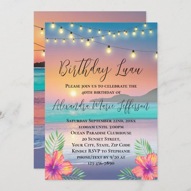 Luau Pastel Sunset Beach Ocean Birthday Party Invitation (Front/Back)