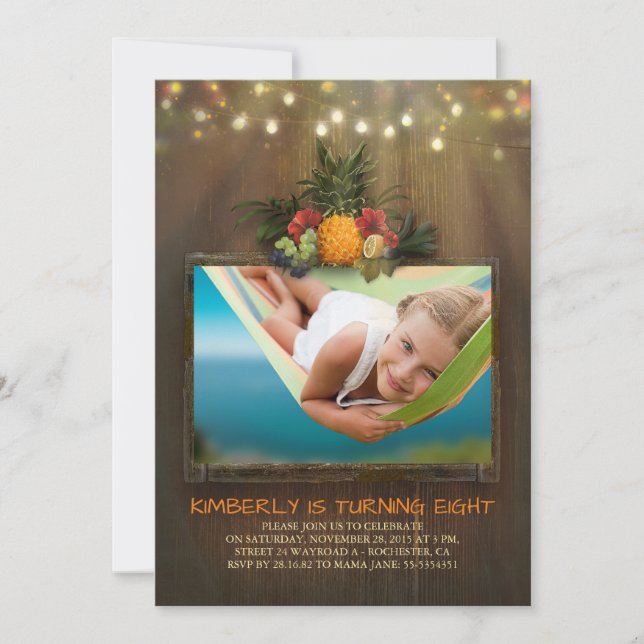 Luau Pineapple Beach String Lights Photo Birthday Invitation (Front)