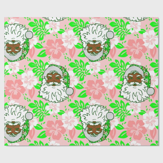 luau pink christmas hawaiian black santa hibiscus wrapping paper (Flat)