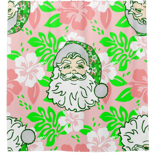  luau pink christmas hawaiian santa hibiscus  shower curtain (Front)