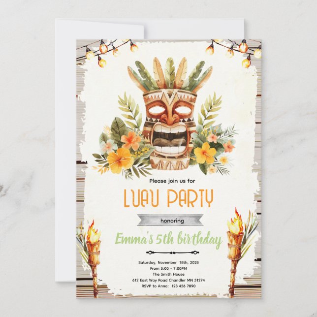 Luau tiki birthday party invitation (Front)
