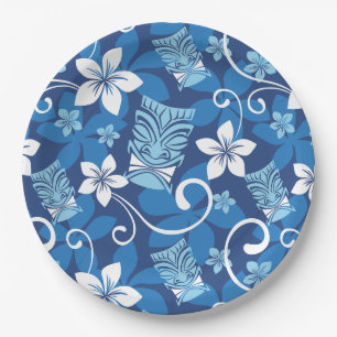 LUAU TIKI PATTERN (BRIGHT BLUE) PAPER PLATE