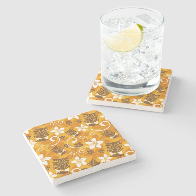 LUAU TIKI PATTERN (ORANGE) STONE COASTER (Side)