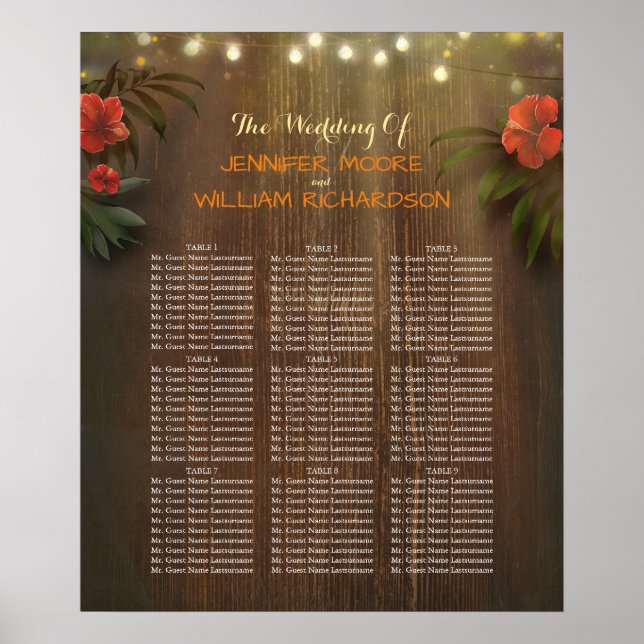 Luau Tropical Beach Flowers Wedding Seating Chart (Front)