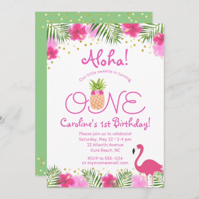 Luau Tropical Floral Girl 1st First Birthday Invitation (Front/Back)