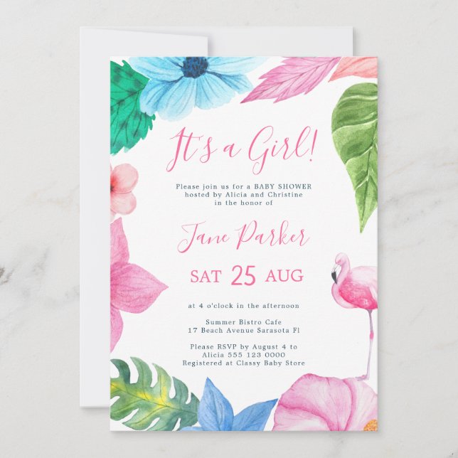 Luau tropical floral its a girl baby shower invitation (Front)