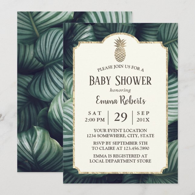 Luau Tropical Leaves Gold Pineapple Baby Shower Invitation (Front/Back)