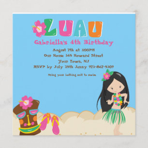 Luau With Girl and Tiki Square Birthday Invitation