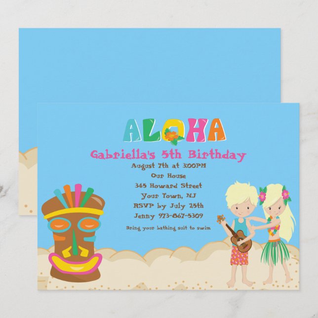 Luau With Kids and Tiki Birthday Invitation (Front/Back)