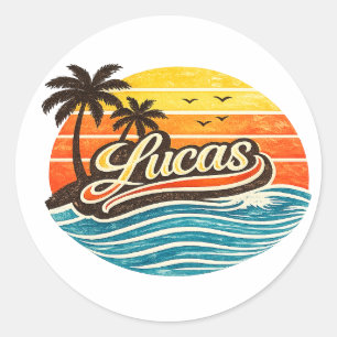 Lucas Retro Sunset Name Design Classic Round Sticker