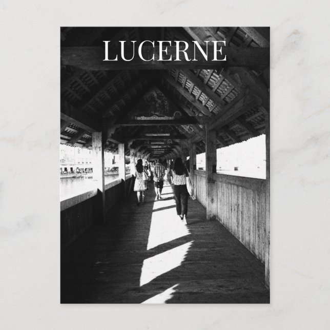 Lucerne Chapel Bridge + Tourists Switzerland BW Postcard (Front)