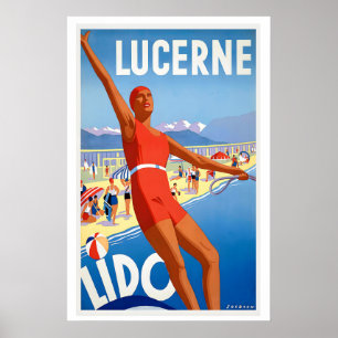 Lucerne Lido Switzerland Vintage Travel Poster
