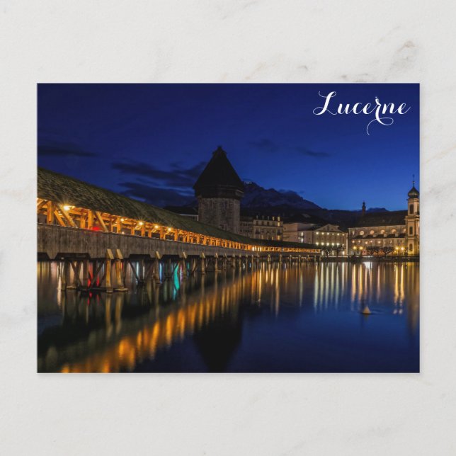 Lucerne Switzerland Chapel Bridge at Night Postcard (Front)