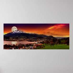 Lucerne Switzerland & the moon over Mount Pilatus Poster