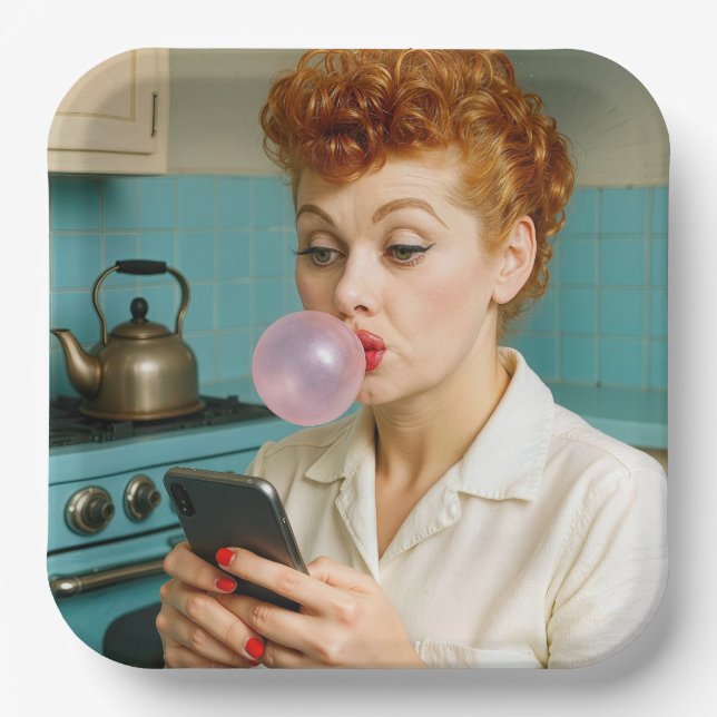 Lucille Ball Texting On a Cell Phone Paper Plate (Front)