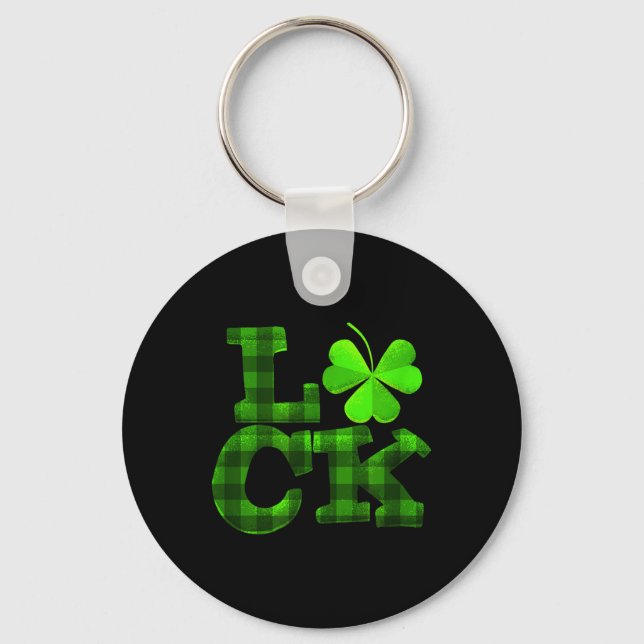 Luck Clover Shamrock Green Plaid Lucky St Patricks Key Ring (Front)
