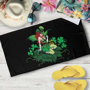 Luck Irish Green Fairy Red Hair Shamrock  Beach Towel