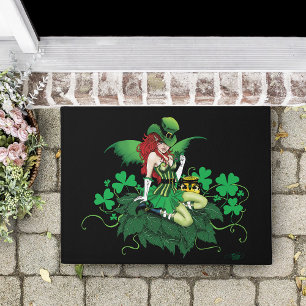 Luck Irish Green Fairy Red Hair Shamrock  Doormat