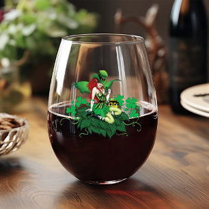 Luck Irish Green Fairy Red Hair Shamrock Stemless Wine Glass