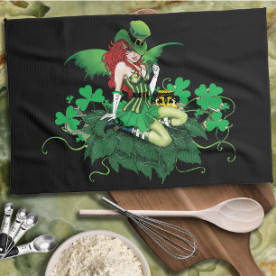 Luck Irish Green Fairy Red Hair Shamrock  Tea Towel