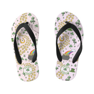 Luck & Joy Coins & Green Shamrocks St Patricks Day Kid's Jandals