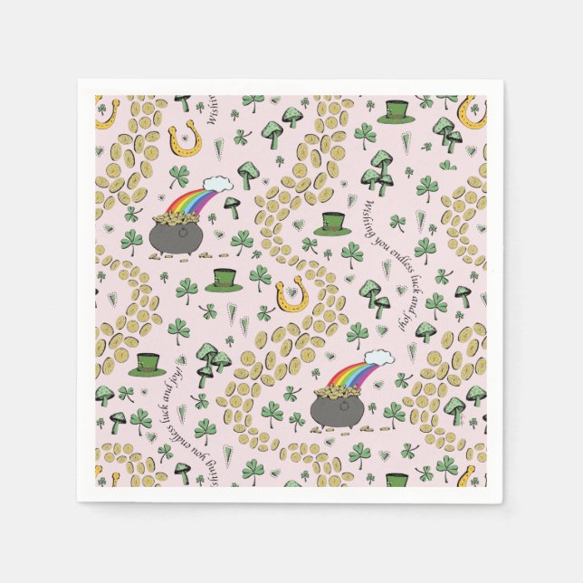 Luck & Joy Coins & Green Shamrocks St Patricks Day Napkin (Front)