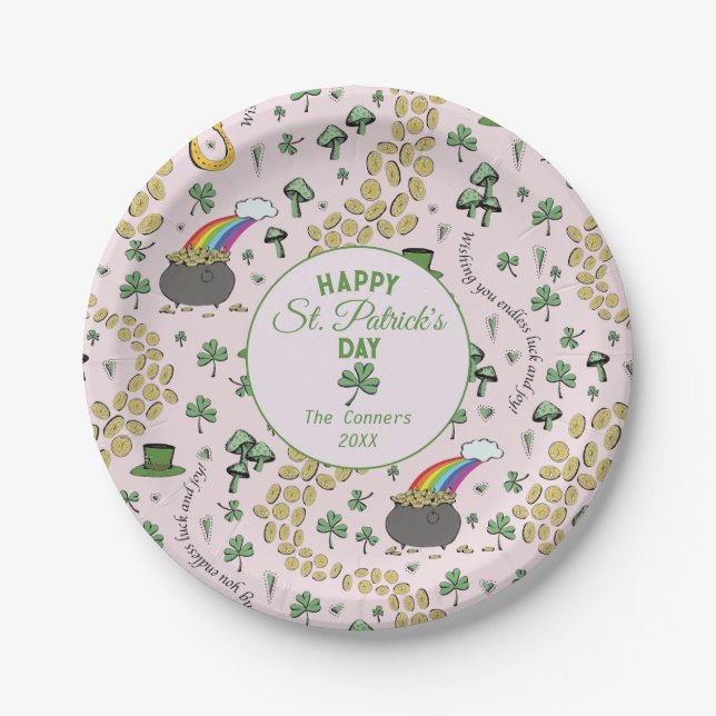 Luck & Joy Coins & Green Shamrocks St Patricks Day Paper Plate (Front)