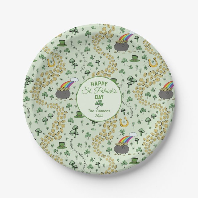 Luck & Joy Coins & Green Shamrocks St Patricks Day Paper Plate (Front)
