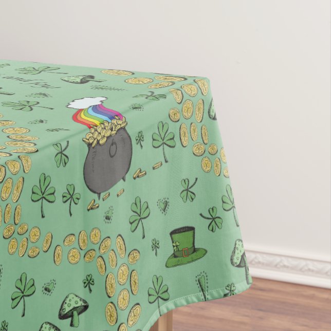 Luck & Joy Coins & Green Shamrocks St Patricks Day Tablecloth (In Situ)