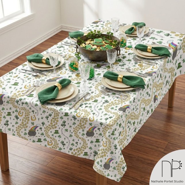 Luck & Joy St Patricks Day Tablecloth (Hand drawn St Patricks Day tablecloth with luck and joy messages and whimsical Irish party art)