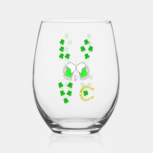Luck Shamrock Dublin Day Horseshoe Irish Stemless Wine Glass (Front)