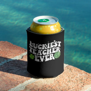 Luckiest Teacher Ever Disco Ball Shamrock Groovy Can Cooler
