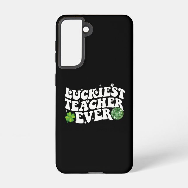 Luckiest Teacher Ever Disco Ball Shamrock Groovy Samsung Galaxy S21 Case (Back)