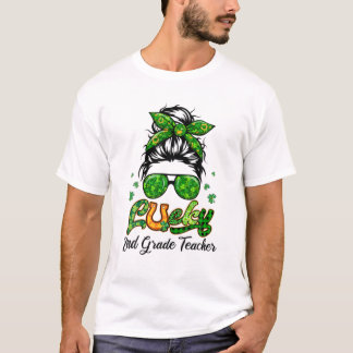 Lucky 2Nd Grade Teacher Patricks Day Bun Hair Plai T-Shirt