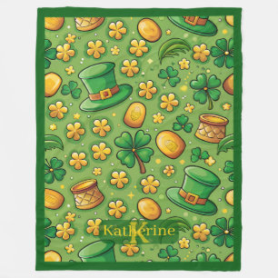 Lucky 4 Leaf Clover Shamrock Pot of Gold Irish Hat Fleece Blanket