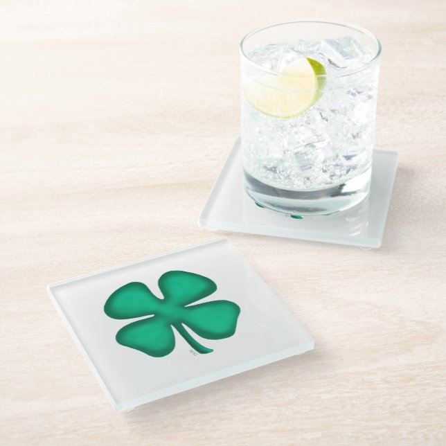 Lucky 4 Leaf Irish Clover clear glass coaster (Angled)