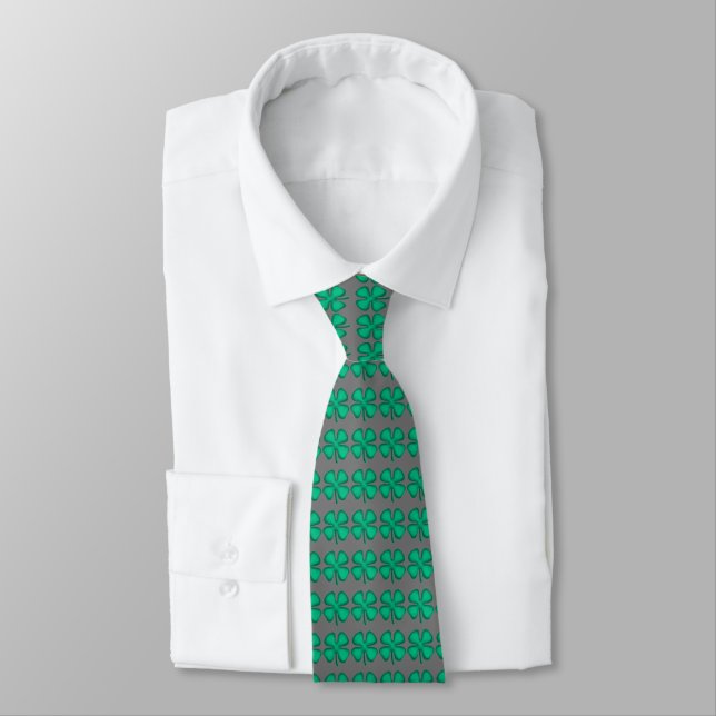 Lucky 4 Leaf Irish Clover grey neck tie (Tied)