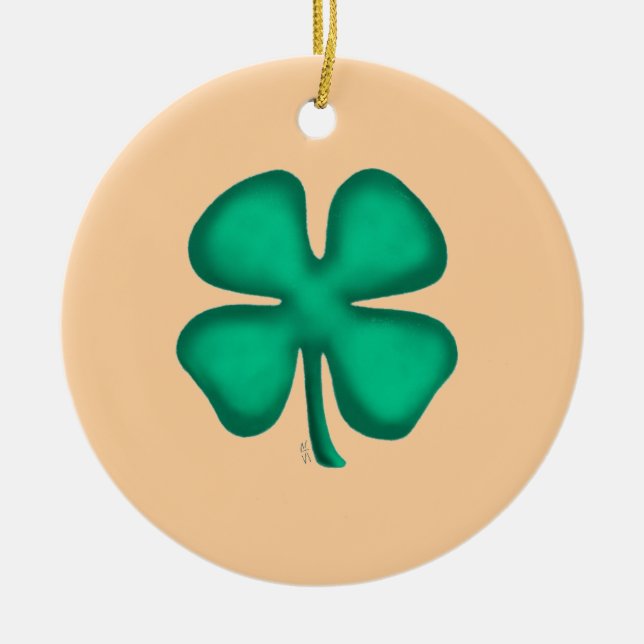 Lucky 4 Leaf Irish Clover tan round ceram ornament (Front)