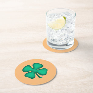 Lucky 4 Leaf Irish Clover tan round drink coasters