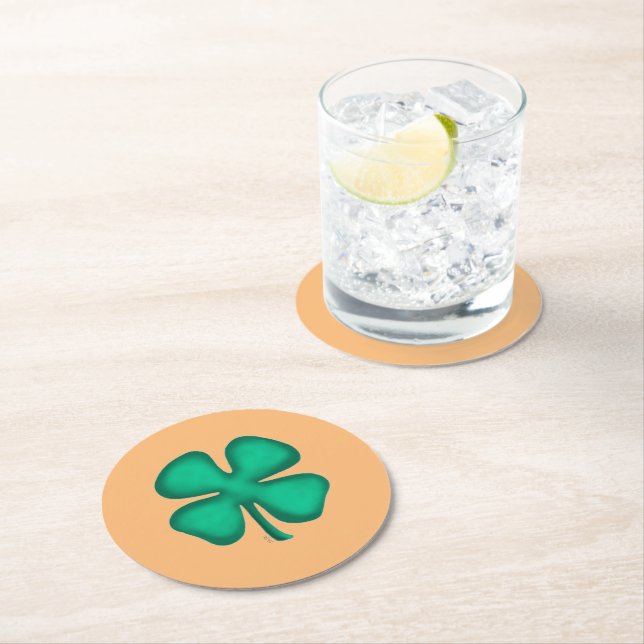 Lucky 4 Leaf Irish Clover tan round drink coasters (Insitu)