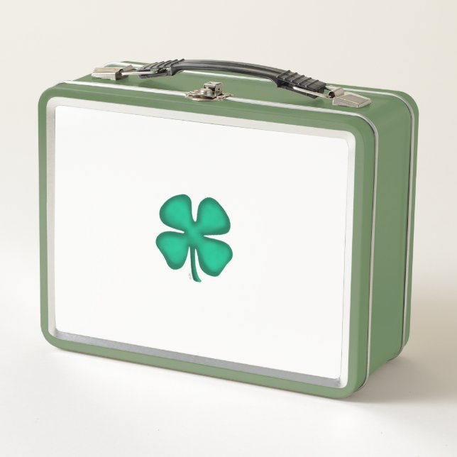  Lucky 4 Leaf Irish Clover white n green lunchbox (Front)