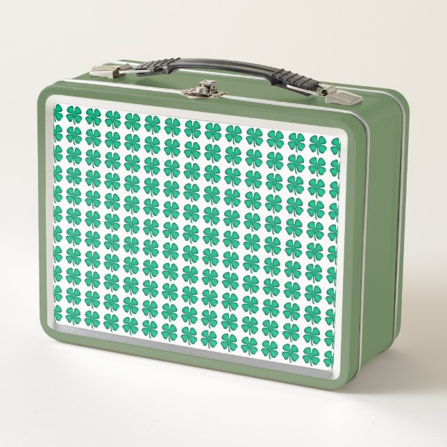  Lucky 4 Leaf Irish Clover white n green lunchbox (Front)