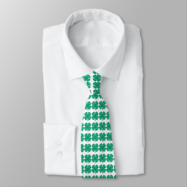 Lucky 4 Leaf Irish Clover white necktie (Tied)