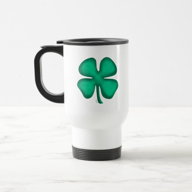 Lucky 4 Leaf Irish Clover white travel mug (Left)