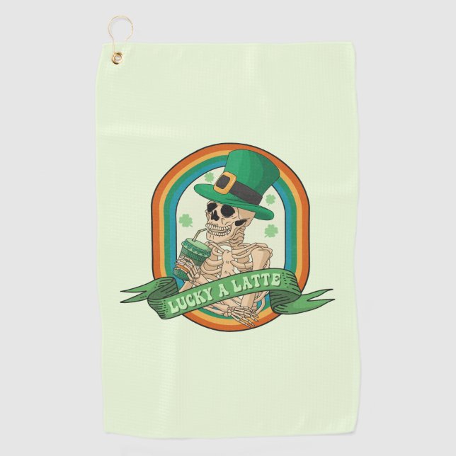 Lucky A Latte - Skeleton, Coffee and Clovers Golf Towel (Front)