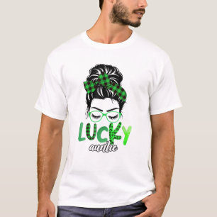 Lucky Auntie Leopard Plaid Messy Bun Irish St Patr T-Shirt
